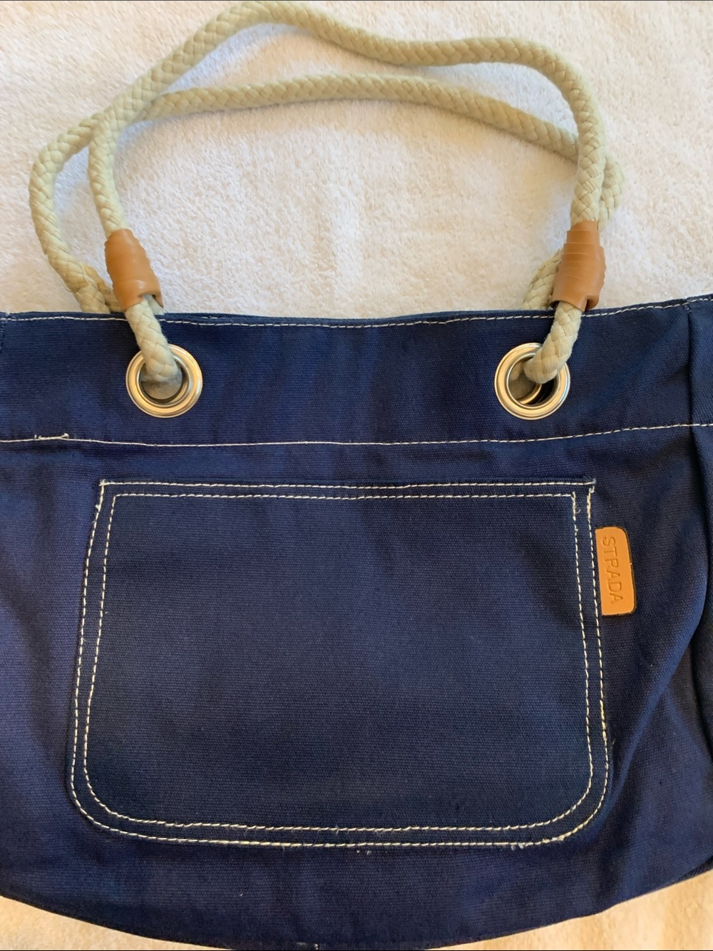 Strada Navy Canvas Tote with Cream Rope Handles and Tan Accents